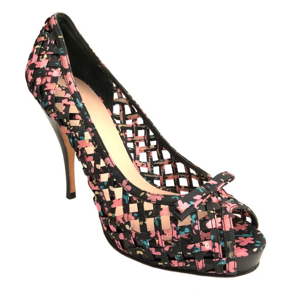 Aldo Pumps Beira Lattice Peep-toe Heels Black Floral 38 - Picture 1 of 12